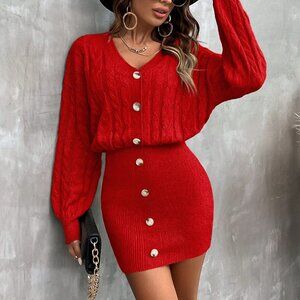 Red Elegant Women's Drop Shoulder Long Sleeve Button Design Knitted Dress